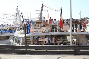 © Octane Photographic Ltd. 2012. F1 Monte Carlo - Practice 1. Thursday  24th May 2012. "McLaren Mercedes - You float my boat" banner on a yacht moored in Monaco. Digital Ref : 0350cb7d7341