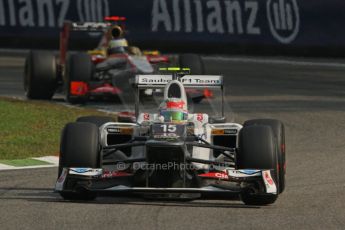 © 2012 Octane Photographic Ltd. Italian GP Monza - Saturday 8th September 2012 - F1 Practice 3. Sauber C31 - Sergio Perez and HRT F112 - Pedro de La Rosa. Digital Ref :