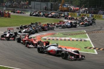 World © Octane Photographic Ltd. Formula 1 Italian GP, 9th September 2012. Lewis Hamilton leads the pack through turns 1 and 2 in his McLaren MP4/27. Digital Ref : 0518lw1d9088