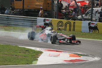 World © Octane Photographic Ltd. Formula 1 Italian GP, 9th September 2012. Lewis Hamilton locks up into turn 1 in his McLaren MP4/27. Digital Ref : 0518lw1d9118