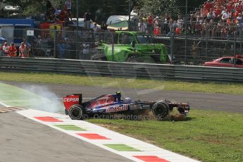 World © Octane Photographic Ltd. Formula 1 Italian GP, 9th September 2012. Jean-Eric Vergne after a huge launch in his Toro Rosso STR7, later complaining of back pain. Digital Ref : 0518lw1d9530
