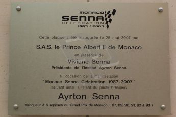 © Octane Photographic Ltd. 2012. F1 Monte Carlo - Practice 2. Thursday 24th May 2012. Ayrton Senna celebration 1987-2007 plaque at the Fairmont Hotel. Digital Ref :  0352cb7d7989
