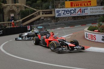 © Octane Photographic Ltd. 2012. F1 Monte Carlo - Practice 2. Thursday 24th May 2012. Charles Pic - Marussia and Nico Rosberg - Mercedes. Digital Ref : 0352cb7d8023