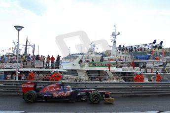 © Octane Photographic Ltd. 2012. F1 Monte Carlo - Practice 2. Thursday 24th May 2012. Jean Eric vergne - Toro Rosso powers past the moored yachts in the harbour. Digital Ref : 0352cb7d8226