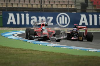 © 2012 Octane Photographic Ltd. German GP Hockenheim - Friday 20th July 2012 - F1 Practice 1. Marussia MR01 - Timo Glock under pressure from the Toro Rosso STR7 of Daniel Ricciardo. Digital Ref : 0410lw1d4190
