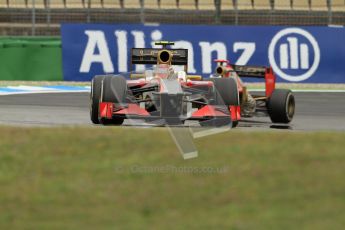 © 2012 Octane Photographic Ltd. German GP Hockenheim - Friday 20th July 2012 - F1 Practice 1. HRT in formation. HRT F112 - new comer Dani Clos followed by team leader Pedro de La Rosa . Digital Ref : 0410lw7d4426