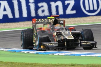 © 2012 Octane Photographic Ltd. German GP Hockenheim - Saturday 21st July 2012 - GP2 Race 1 - Lotus GP - James Calado with Nathanael Berthon tucked under his rear wing. Digital Ref : 0419lw1d4129