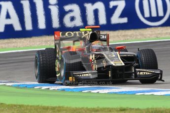 © 2012 Octane Photographic Ltd. German GP Hockenheim - Saturday 21st July 2012 - GP2 Race 1 - Lotus GP - James Calado with Nathanael Berthon tucked under his rear wing. Digital Ref : 0419lw1d4129