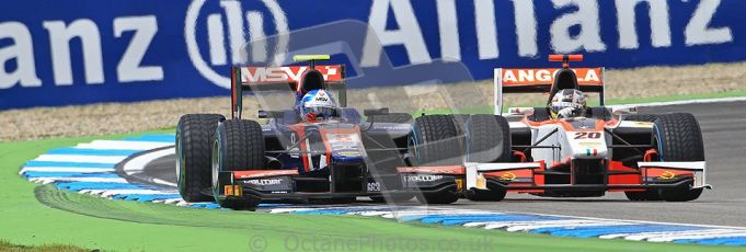 © 2012 Octane Photographic Ltd. German GP Hockenheim - Saturday 21st July 2012 - GP2 Race 1 - iSport International - Jolyon Palmer takes the Rapax of Tom Dillmann with both cars on intermediates. Digital Ref : 0419lw1d4158