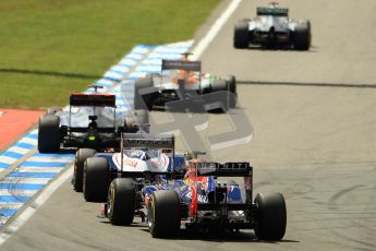 © 2012 Octane Photographic Ltd. German GP Hockenheim - Sunday 22nd July 2012 - F1 Race. Mercedes W03 - Michael Schumacher leads Nico Hulkenberg, Jenson Button and Pastor Maldonado and Mark Webber out of the hairpin. Digital Ref : 0423lw1d4954