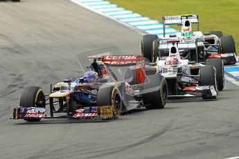 © 2012 Octane Photographic Ltd. German GP Hockenheim - Sunday 22nd July 2012 - F1 Race. Close fighting between the Toro Rosso STR7 of Daniel Ricciardo and the 2 Sauber C31s of Kamui Kobayashi and Sergio Perez. Digital Ref : 0423lw1d5035