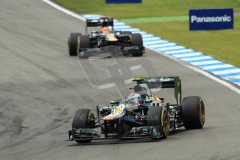 © 2012 Octane Photographic Ltd. German GP Hockenheim - Sunday 22nd July 2012 - F1 Race. Caterham Two Step. The Caterham CT01s of Vitaly Petrov and Heikki Kovalainen running close. Digital Ref : 0423lw1d5151