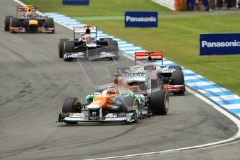 © 2012 Octane Photographic Ltd. German GP Hockenheim - Sunday 22nd July 2012 - F1 Race. Force India VJM05 -  Nico Hulkenberg, Jenson Button Pastor Maldonado and Mark Webber into the hairpin. Digital Ref : 0423lw1d5180