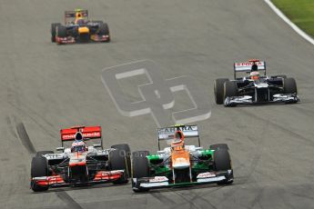 © 2012 Octane Photographic Ltd. German GP Hockenheim - Sunday 22nd July 2012 - F1 Race. Force India VJM05 -  Nico Hulkenberg under pressure from Jenson Button's McLaren into the hairpin as Pastor Maldonado and Mark Webber start to fall back. Digital Ref : 0423lw1d5222