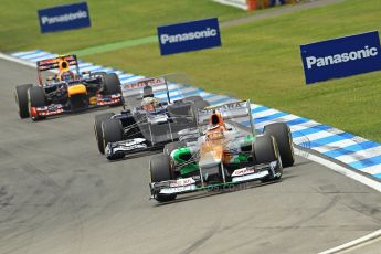 © 2012 Octane Photographic Ltd. German GP Hockenheim - Sunday 22nd July 2012 - F1 Race. Force India VJM05 -  Nico Hulkenberg, Pastor Maldonado and Mark Webber into the hairpin. Digital Ref : 0423lw1d5253