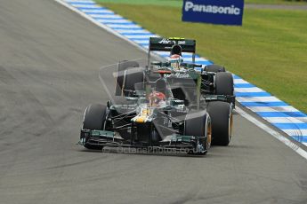 © 2012 Octane Photographic Ltd. German GP Hockenheim - Sunday 22nd July 2012 - F1 Race. Caterham Formation. The Caterham CT01s of Heikki Kovalainen and Vitaly Petrov enter the hairpin. Digital Ref : 0423lw1d5435
