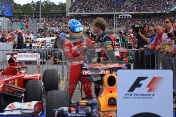 © 2012 Octane Photographic Ltd. German GP Hockenheim - Sunday 22nd July 2012 - F1 Podium - Fernando Alonso (Ferrari) chats with Sebastian Vettel (Red Bull) after climbing out his car. . Digital Ref : 0421lw7d6448