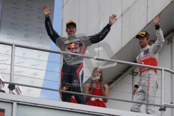 © 2012 Octane Photographic Ltd. German GP Hockenheim - Sunday 22nd July 2012 - F1 Podium. Sebastian Vettel, 2nd (Red Bull), and Jenson Button 3rd. Vettel was later dropped to 5th with a penalty for overtaking Button (McLaren) off the track in the final laps. Digital Ref : 0421lw7d9018
