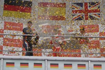 © 2012 Octane Photographic Ltd. German GP Hockenheim - Sunday 22nd July 2012 - F1 Podium - Fernando Alonso - Winner (Ferrari) alongside Sebastian Vettel, 2nd (Red Bull), and Jenson Button 3rd. Vettel was later dropped to 5th with a penalty for overtaking Button  (McLaren) off the track in the final laps. Digital Ref : 0421lw7d9355