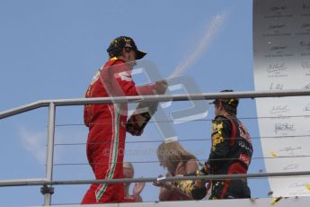 © 2012 Octane Photographic Ltd. German GP Hockenheim - Sunday 22nd July 2012 - F1 Podium - Fernando Alonso - Winner (Ferrari) alongside Sebastian Vettel, 2nd (Red Bull). Vettel was later dropped to 5th with a penalty for overtaking Button  (McLaren) off the track in the final laps. Digital Ref : 0421lw7d9405