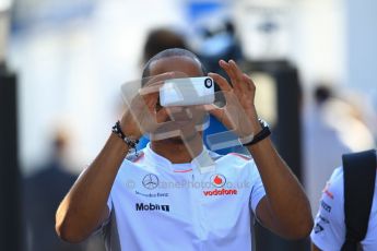 © 2012 Octane Photographic Ltd. German GP Hockenheim - Sunday 22nd July 2012 - F1 Raceday paddock. McLaren MP4/27 - Lewis Hamilton photographing the media for his 100th GP twitter feed. Digital Ref : 0422lw1d4675