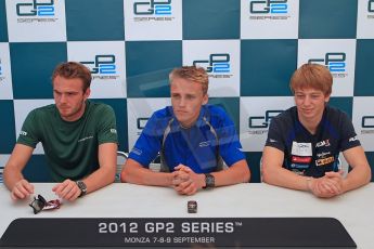 © 2012 Octane Photographic Ltd. Italian GP Monza - Friday 7th September 2012 - GP2 Qualifying Press Conference - Carlin - Max Chilton (1st), Caterham Racing - Giedo van der Garde (2nd) and Barwa Addax team - Johnny Cecotto (3rd but with 5 place penalty). Digital Ref : 0509cb7d2426