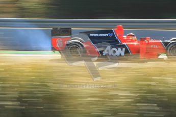 © Octane Photographic Ltd. GP2 Winter testing Jerez Day 1, Tuesday 28th February 2012. Marussia Carlin, Max Chilton smoking on the over-run. Digital Ref :