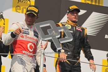 © 2012 Octane Photographic Ltd. Hungarian GP Hungaroring - Sunday 29th July 2012 - F1 Podium. Lewis Hamilton - Race winner and Kimi Raikkonen, 2nd. Digital Ref :