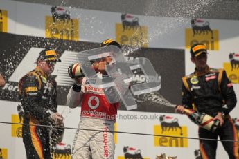 © 2012 Octane Photographic Ltd. Hungarian GP Hungaroring - Sunday 29th July 2012 - F1 Podium. Lewis Hamilton - Race winner, Kimi Raikkonen, 2nd and Romain Grosjean, 3rd, spray the champaign. Digital Ref :