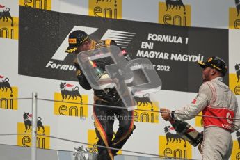 © 2012 Octane Photographic Ltd. Hungarian GP Hungaroring - Sunday 29th July 2012 - F1 Podium. Lewis Hamilton - Race winner, and Kimi Raikkonen, 2nd, spray the champaign. Digital Ref :