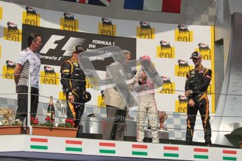 © 2012 Octane Photographic Ltd. Hungarian GP Hungaroring - Sunday 29th July 2012 - F1 Podium. Lewis Hamilton - Race winner, Kimi Raikkonen, 2nd and Romain Grosjean, 3rd, interviews. Digital Ref :