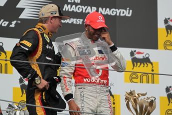 © 2012 Octane Photographic Ltd. Hungarian GP Hungaroring - Sunday 29th July 2012 - F1 Podium. Lewis Hamilton - Race winner, and Kimi Raikkonen, 2nd. Digital Ref :