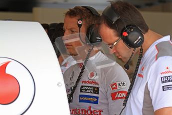 © 2012 Octane Photographic Ltd. Hungarian GP Hungaroring - Friday 27th July 2012 - F1 Practice 1. McLaren MP4/27 - Jenson Button studying the times and splits after Practice 1. Digital Ref :
