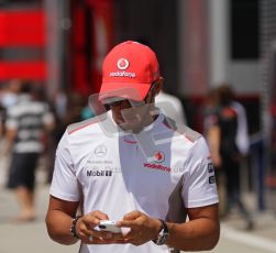 © 2012 Octane Photographic Ltd. Hungarian GP Hungaroring - Sunday 29th July 2012 - F1 Paddock. McLaren - Lewis Hamilton tweeting. Digital Ref : 0437lw7d8307
