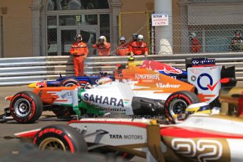 © Octane Photographic Ltd. 2012. F1 Monte Carlo - Practice 3. Saturday 26th May 2012. Paul di Resta - Fore India and Pedro de la Rosa - HRT. Digital Ref : 0354cb7d8645