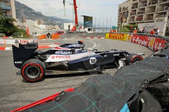 © Octane Photographic Ltd. 2012. F1 Monte Carlo - Race. Sunday 27th May 2012. Pastor Maldonado retires at the Fairmont hotel hairpin with front wing damage - Williams. Digital Ref : 0357cb1d7731