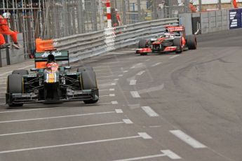 © Octane Photographic Ltd. 2012. F1 Monte Carlo - Race. Sunday 27th May 2012. Heikki Kovalainen - Caterham and Jenson Button - McLaren. Digital Ref : 0357cb7d0495