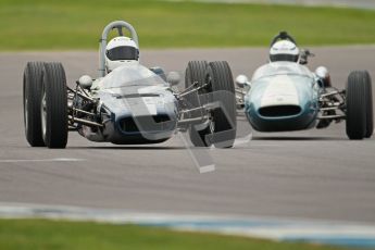 © Octane Photographic Ltd. Motors TV day – Donington Park, Saturday 31st March 2012. Formula Junior 2nd session, Chris Drake - Elva 300 and Jonathan Hughes - Brabham BT6. Digital ref : 0268cb1d0195
