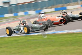 © Octane Photographic Ltd. Motors TV day – Donington Park, Saturday 31st March 2012. Formula Junior 2nd session, Michael Hibberd - Lotus 27, Stephen Bulling - Sadler FJ and Denis Welch - Lotus 22, three-abreast out of Goddards. Digital ref : 0268cb7d6288