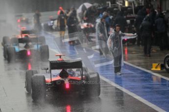 © 2012 Octane Photographic Ltd. British GP Silverstone - Friday 6th July 2012 - GP2 Practice - The pack slither down the pitlane onto the track. Digital Ref: 0398lw1d2738