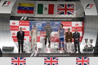 © 2012 Octane Photographic Ltd. British GP Silverstone - Saturday 7th July 2012 - GP2 Race 1, Johnny Cecotto, Esteban Gutierrez and Jolyon Palmer on the podium. Digital Ref : 0400lw7d6656