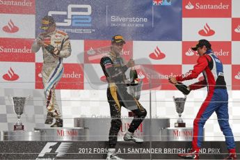 © 2012 Octane Photographic Ltd. British GP Silverstone - Saturday 7th July 2012 - GP2 Race 1, champagne fight with Johnny Cecotto, Esteban Gutierrez and Jolyon Palmer. Digital Ref : 0400lw7d6765