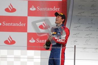 © 2012 Octane Photographic Ltd. British GP Silverstone - Saturday 7th July 2012 - GP2 Race 1, Jolyon Palmer sprays his champagne for 3rd place. Digital Ref : 0400lw7d6785