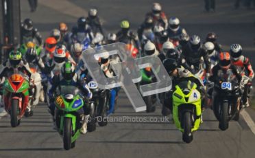 © Octane Photographic Ltd. Thundersport – Donington Park - 24th March 2012. RLRmotorsports.com 600 Sportsman Elite, the pack heads out of the pitlane. Digital ref : 0260cb7d3381