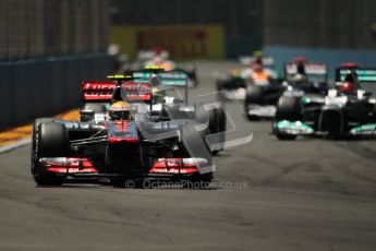 © 2012 Octane Photographic Ltd. European GP Valencia - Sunday 24th June 2012 - F1 Race. McLaren MP4/27 - Lewis Hamilton follwoed by teh Mercedes of Michael Schumacher and Nico Rosberg. Digital Ref : 0374lw1d7711