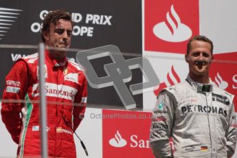© 2012 Octane Photographic Ltd. European GP Valencia - Sunday 24th June 2012 - F1 Podium. Ferrari - Fernando Alonso and Mercedes - Michael Schumacher. Digital Ref : 0374lw7d3415