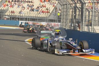 © 2012 Octane Photographic Ltd. European GP Valencia - Sunday 24th June 2012 - GP2 Race 2 - Trident Racing - Julian Leal keeps his foot down through the flying debris. Digital Ref : 0375lw1d6047