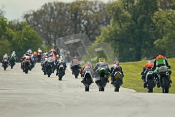 © Octane Photographic Ltd. Wirral 100, 28th April 2012. 250ccGP, Formula 400 and Minitwins, qualifying race. The pack heading up to Island Bend. Digital ref : 0303cb1d4570