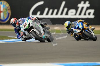 © Octane Photographic Ltd 2012. World Superbike Championship – European GP – Donington Park, Sunday 13th May 2012. Race 1. Leon Camier and Michel Fabrizio. Digital Ref : 0335cb1d5170