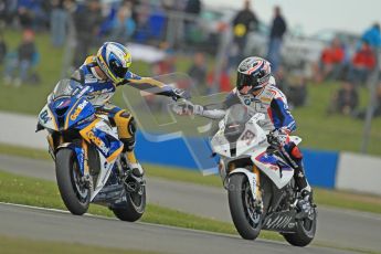 © Octane Photographic Ltd 2012. World Superbike Championship – European GP – Donington Park, Sunday 13th May 2012. Race 1. Italian solidarity - Michel Fabrizio congratulates Marco Melandri on his win. Digital Ref : 0335cb1d5454